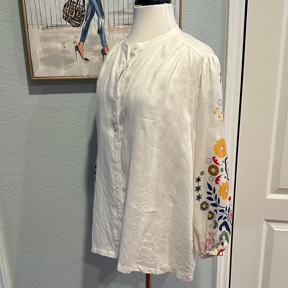 Boden Sz 20/22 Linen Blouse with Multicolor Printed Sleeves - Picture 5 of 10